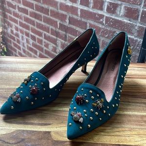 Russel & Bromley Teal Suede Diamonti Bug Kitten Heel - 41 (US 10-10.5)